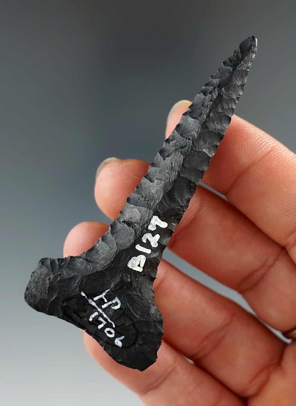 2 15/16" beautifully flaked Coshocton Flint Drill found in Pike Co., Ohio. Ex. Dr. Copeland