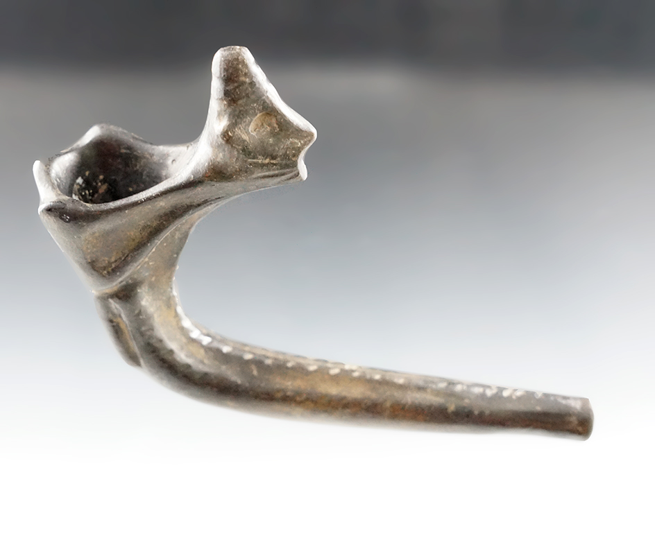 Large! 5" long by 4 5/16" tall Iroquois clay pinched face blower pipe - Simcoe Co., Ontario Canada.