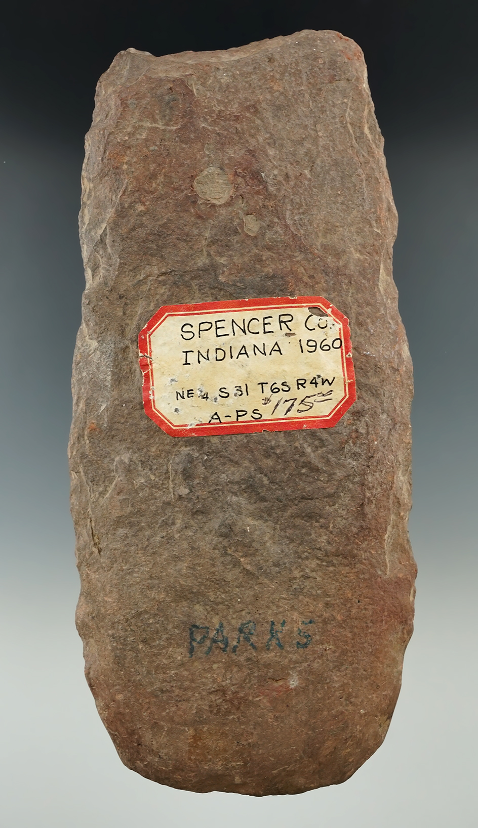 Large 9 1/2" long stone hoe found in Spencer Co., Indiana in 1960. Ex. Cameron Parks, John May.