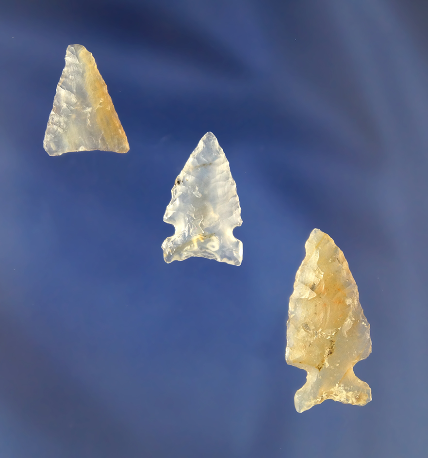 Set of three highly translucent   Arrowheads found in Colorado, largest is 1 1/8". Ex.  Roth