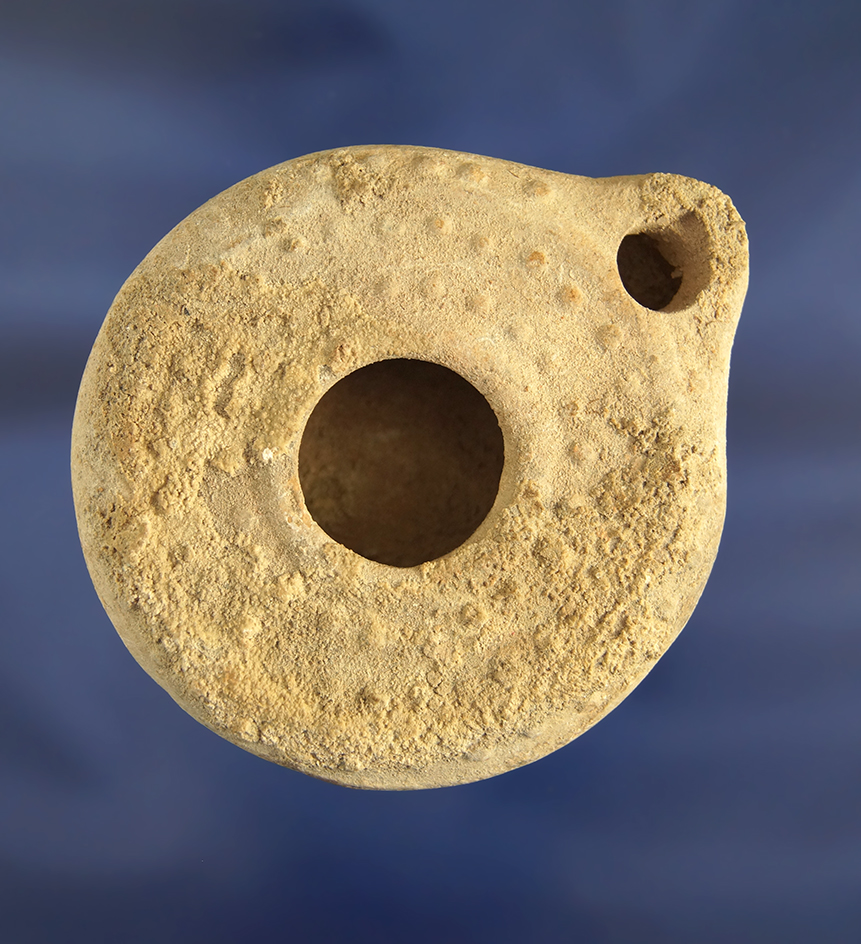 3" Early Christian Oil Lamp dug near Jericho Israel with nice Caliche deposits on surface.