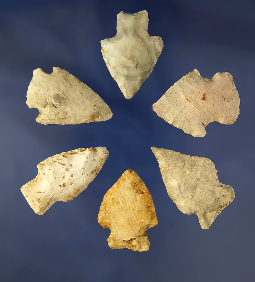 6 assorted   Arrowheads from Cole Co., Missouri. Largest is 1 3/4".