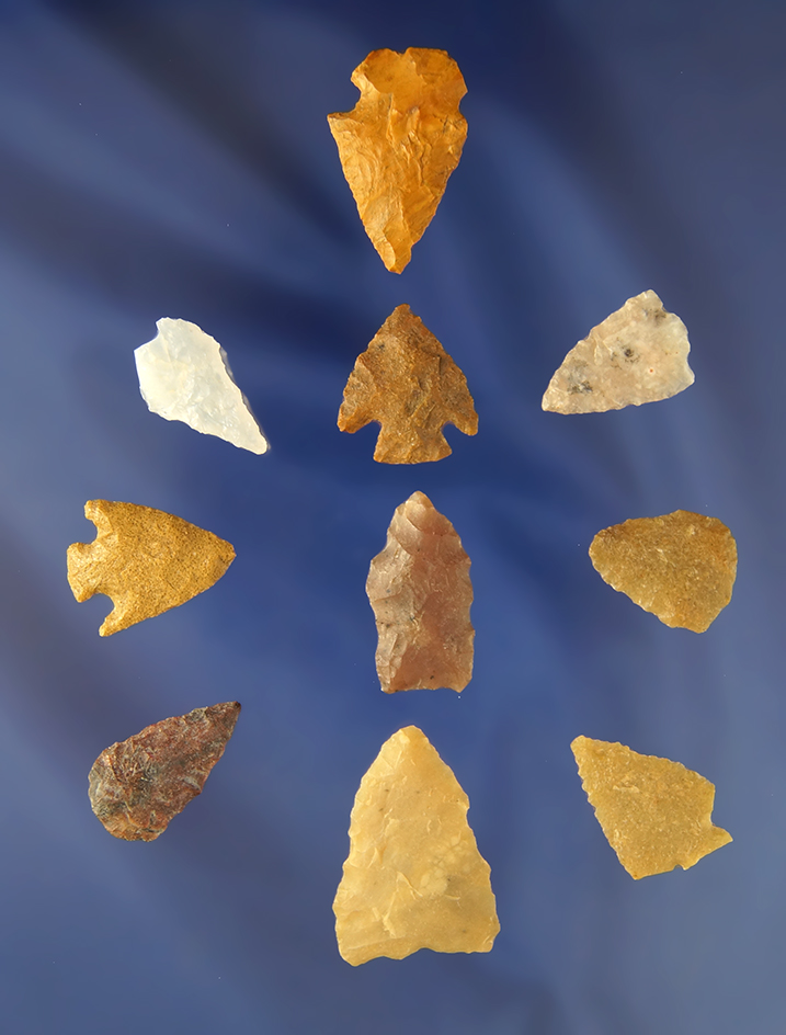 Group of 10 assorted   Arrowheads, largest is 1 1/8" found by Bob Roth in Morgan County CO.