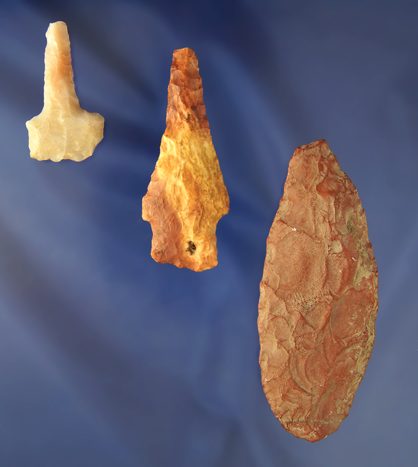 Set of three flaked artifacts, largest is 3 3/8" found in the 1950s in the Plains area.