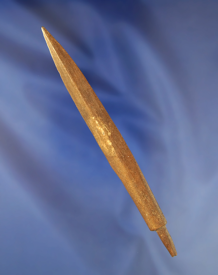Heavily patinated 5 3/16" Socketed Bone Harpoon Tip found in Alaska. Ex. Favell Museum.