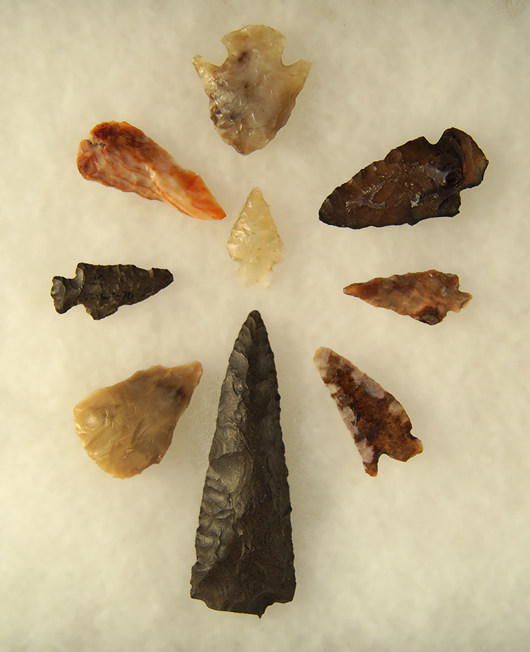 Set of nine assorted   Arrowheads found near Vantage Washington, largest is 2 11/16".