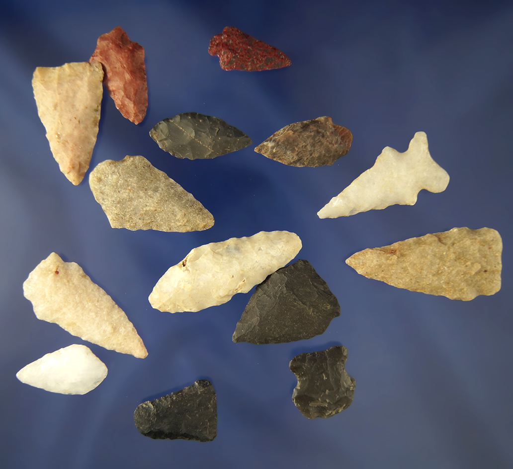 Group of 14 assorted   Arrowheads found in North Carolina and Virginia. Largest is 1 3/4".