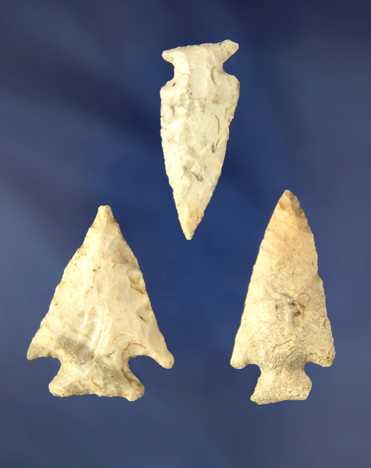 Set of 3 Cornernotched   Arrowheads from Cole Co., Missouri.  Largest is 2".