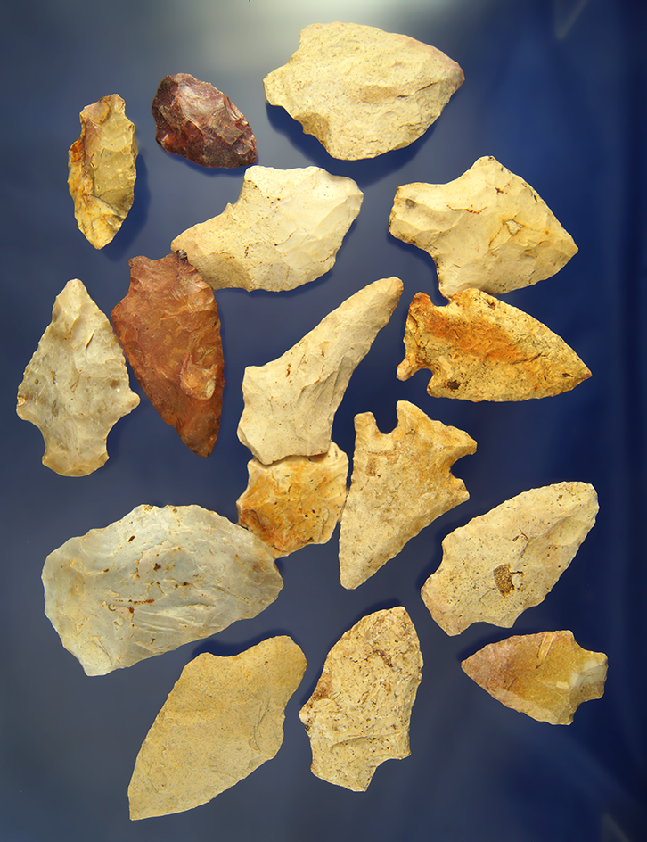 Group of 16 assorted   Arrowheads found in Georgia. Largest is 3".