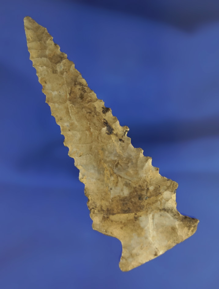 3 7/16" nicely serrated Pinetree found in Tennessee made from Fort Payne chert. Bennett COA.