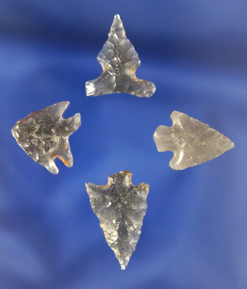 Set of four nicely flaked semi translucent Obsidian Arrowheads found in Oregon, largest is 13/16".