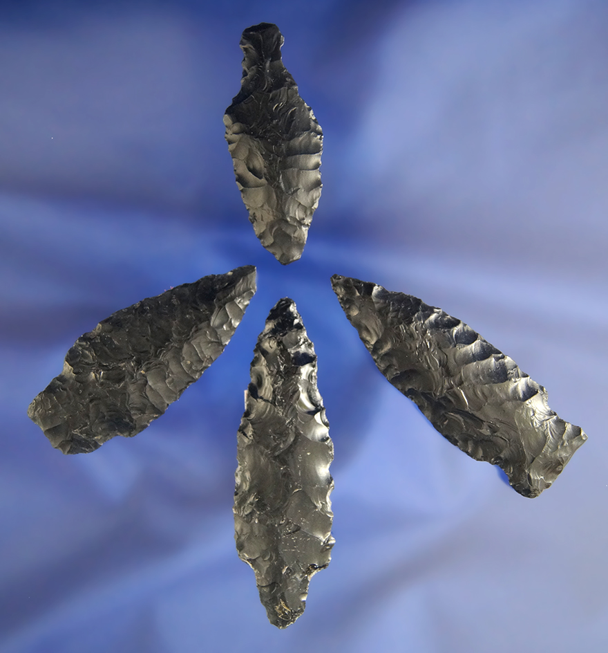 Set of four nice Obsidian Arrowheads, largest is 2 9/16", found in Nevada, Oregon and Idaho.