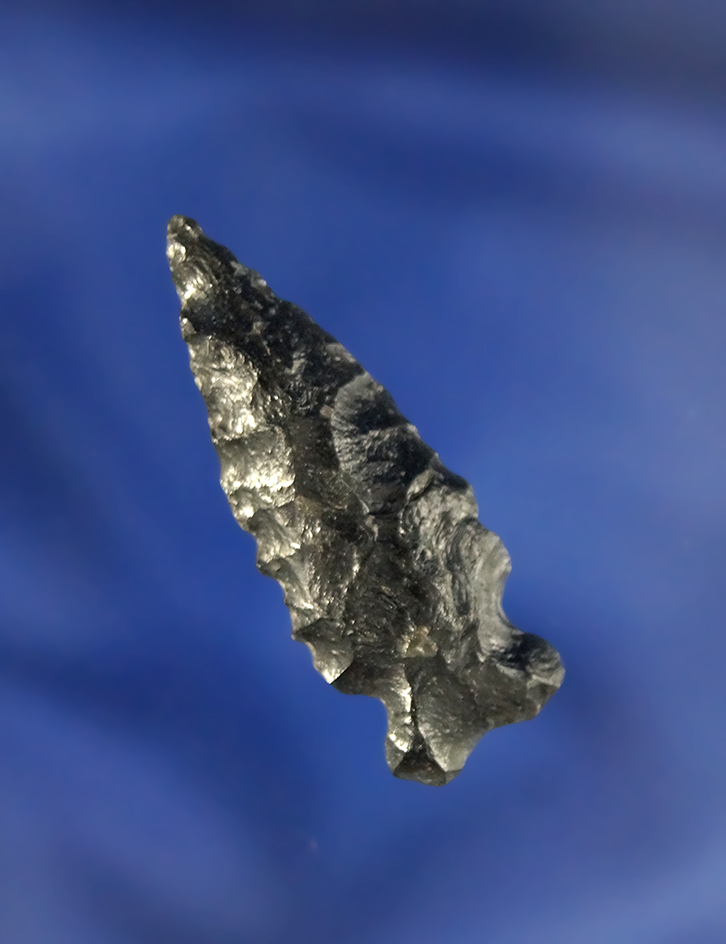 1 1/2" Dart Point made from Obsidian found by Terri Baldridge in the Tule Lake Basin, California.
