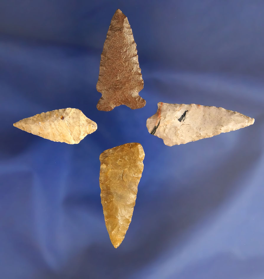 Set of four Columbia River Arrowheads, largest is 1 9/16" found on the Oregon side of the Columbia