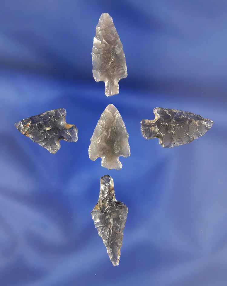 Set of five Obsidian Arrowheads found in Oregon in nice condition, largest is 1 1/4".