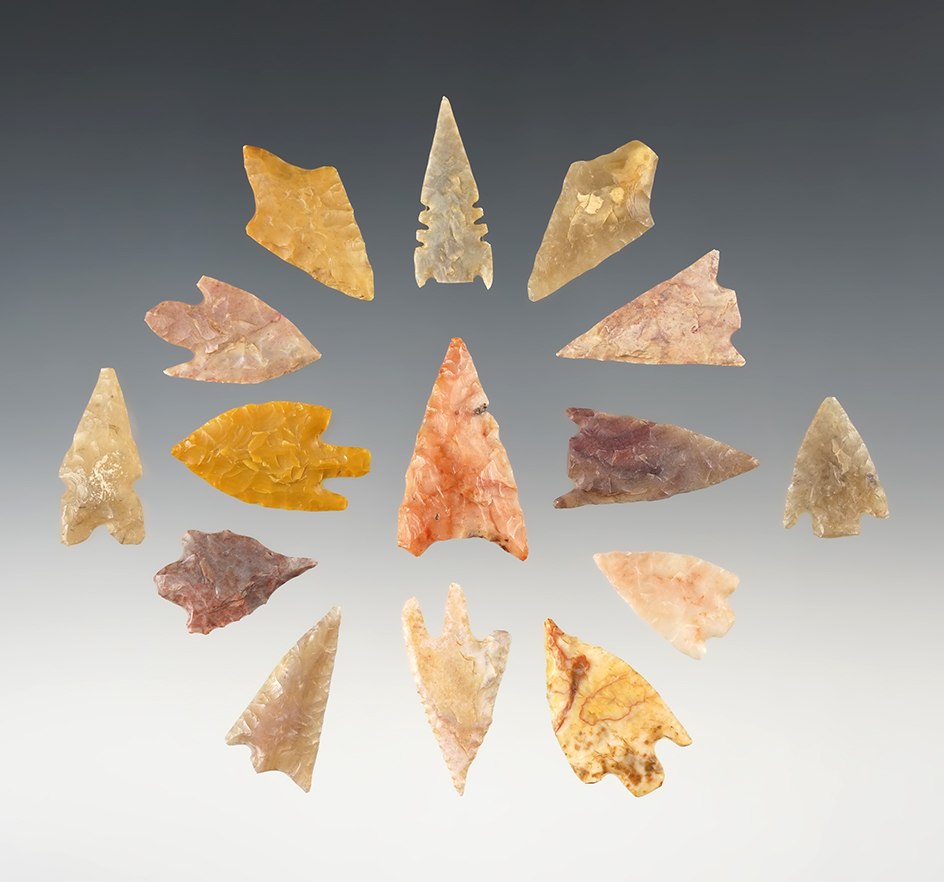 Set of 15 colorful African Neolithic points. The largest is 1 1/4".