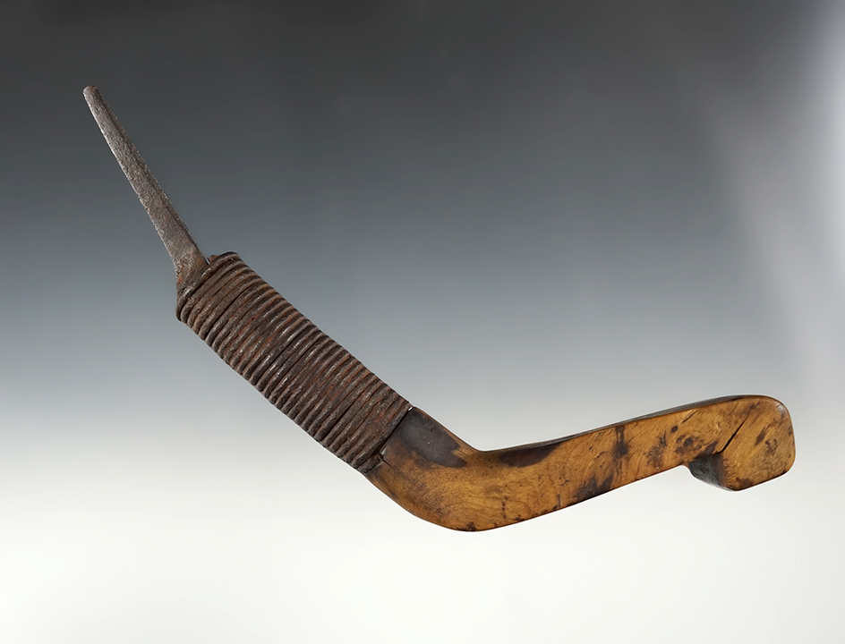 8" vintage curved knife with nicely wrapped copper on wood handle with metal blade.