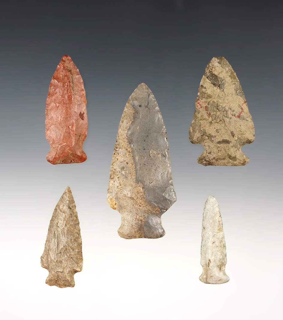Set of 5 nicely made points found in Indiana and Michigan. The largest is 2 13/16".