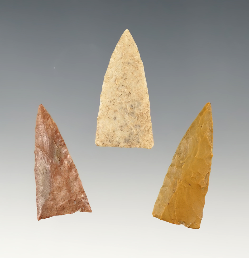 Set of 3 fine Triangle points found in the Kentucky & Tennessee area. The largest is 1 3/8".