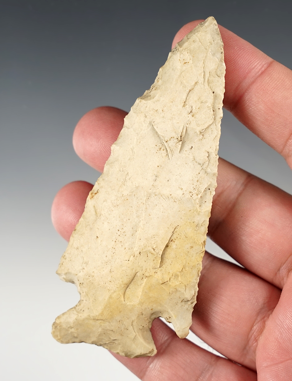 3 15/16" Corner Notch Knife found in Missouri. Made from patinated Burlington Chert. 