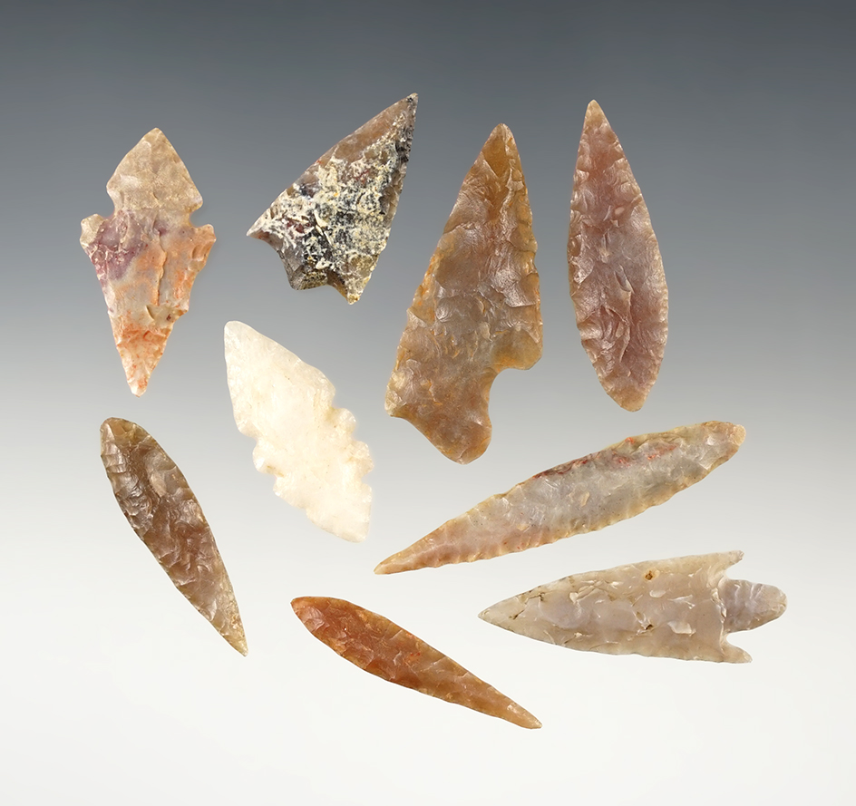 Set of 9 nicely made African Neolithic points. The largest is 1 15/16".