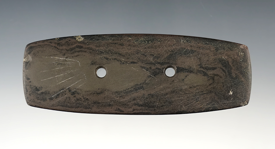 Fine 4 3/8 Rectangular Gorget found in Knox Co., Ohio. Made from Banded Slate.