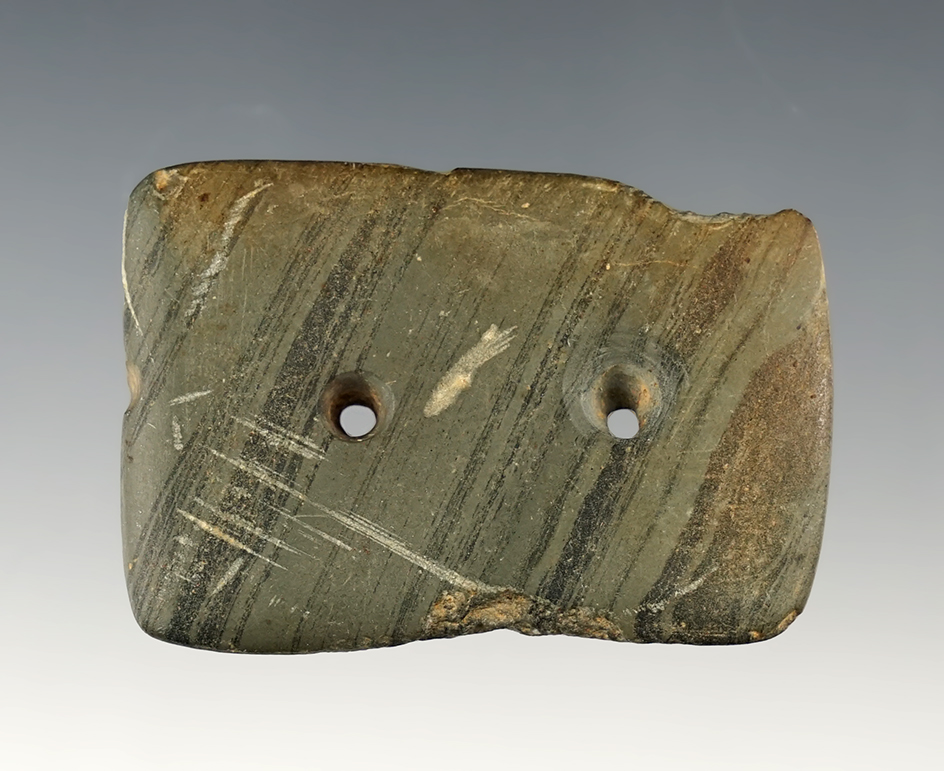 2 3/16" Banded Slate Gorget that was anciently salvaged from a larger piece,  Knox Co., Ohio.