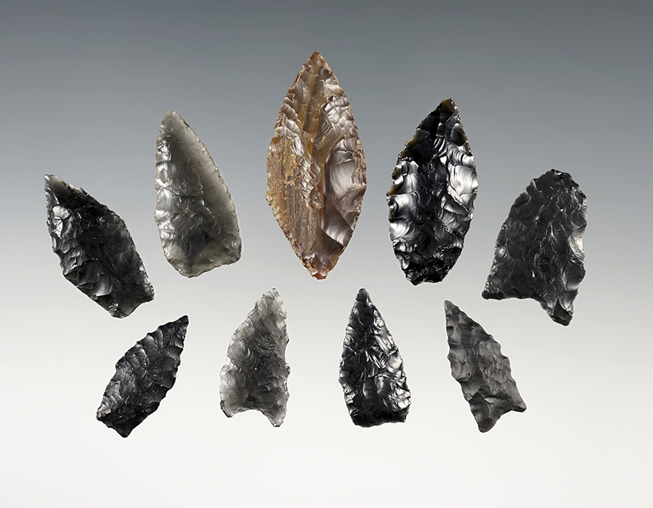 Set of 9 Obsidian points found in Malheur Co., Oregon. The largest is 1 13/16".