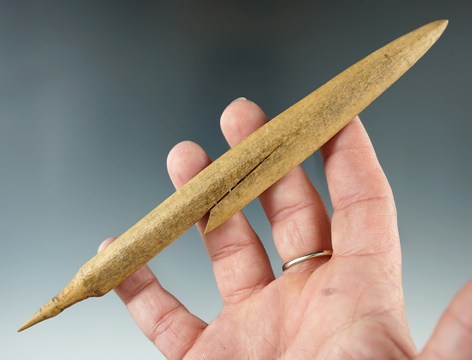 Large 6 15/16" Inuit socketed bone  harpoon tip in excellent condition found in Alaska.