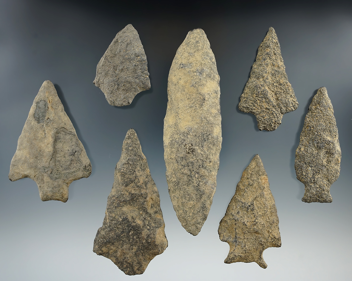 Nice set of seven points and knives  found in Cumberland Co., New Jersey. Ex. George L. Brooks Jr.