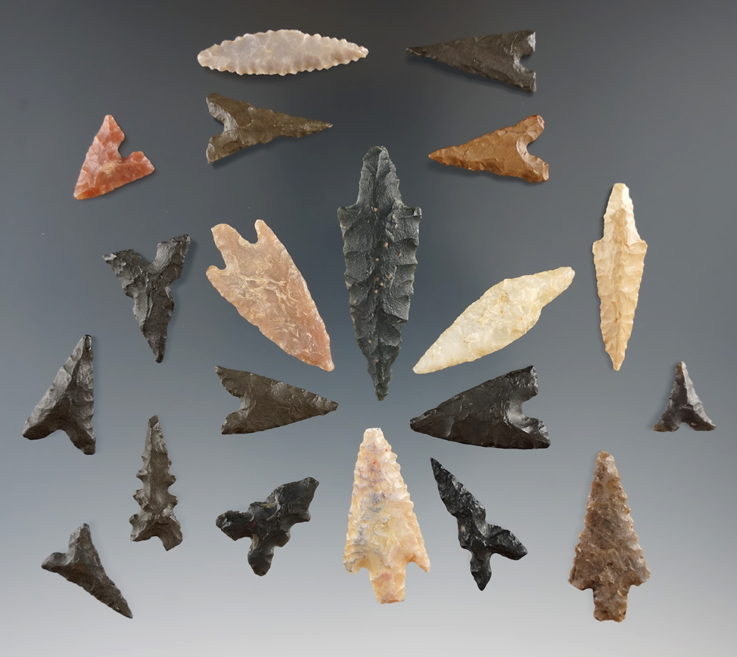 Group of  20 African Neolithic Flint arrowheads in very nice condition. Largest is 1 3/4"."