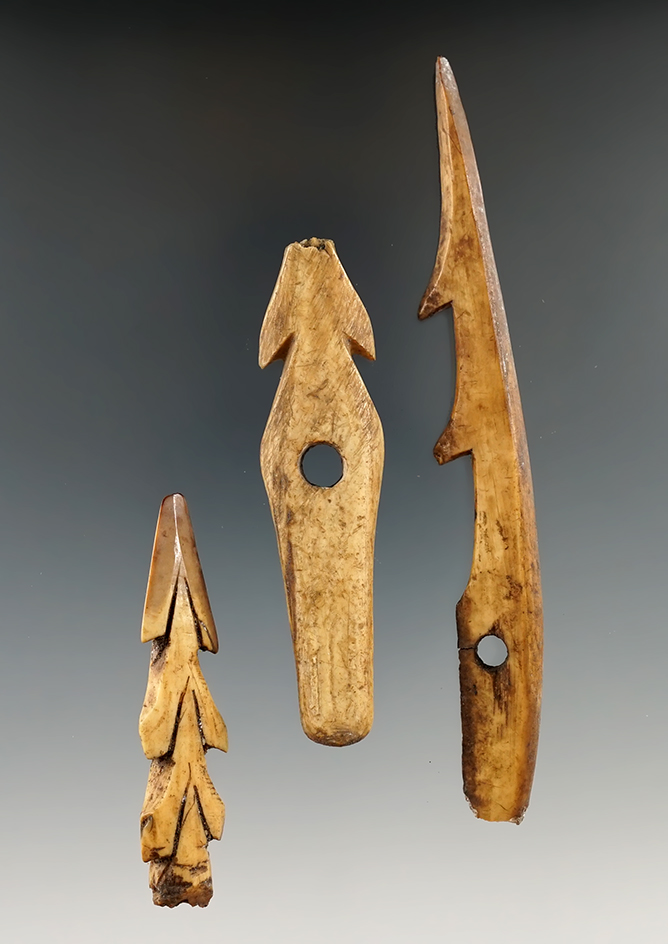 Group of Alaska bone harpoon tips from the collection of William "Curly" Platt. Largest is 4 7/16".