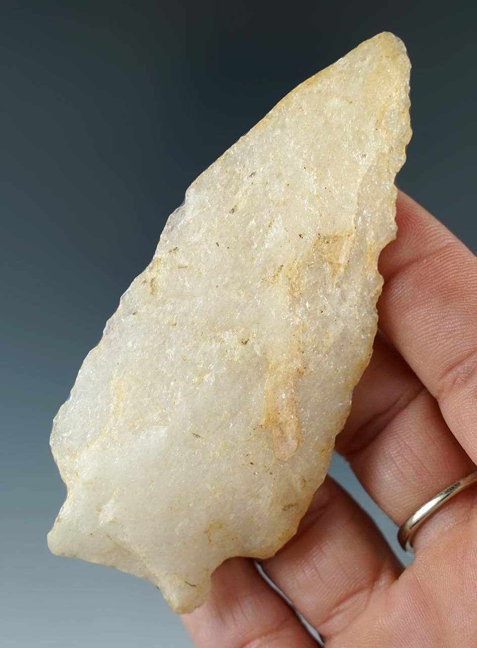 3 1/2" translucent stemmed Knife made from patinated quartz. Found in North Carolina.