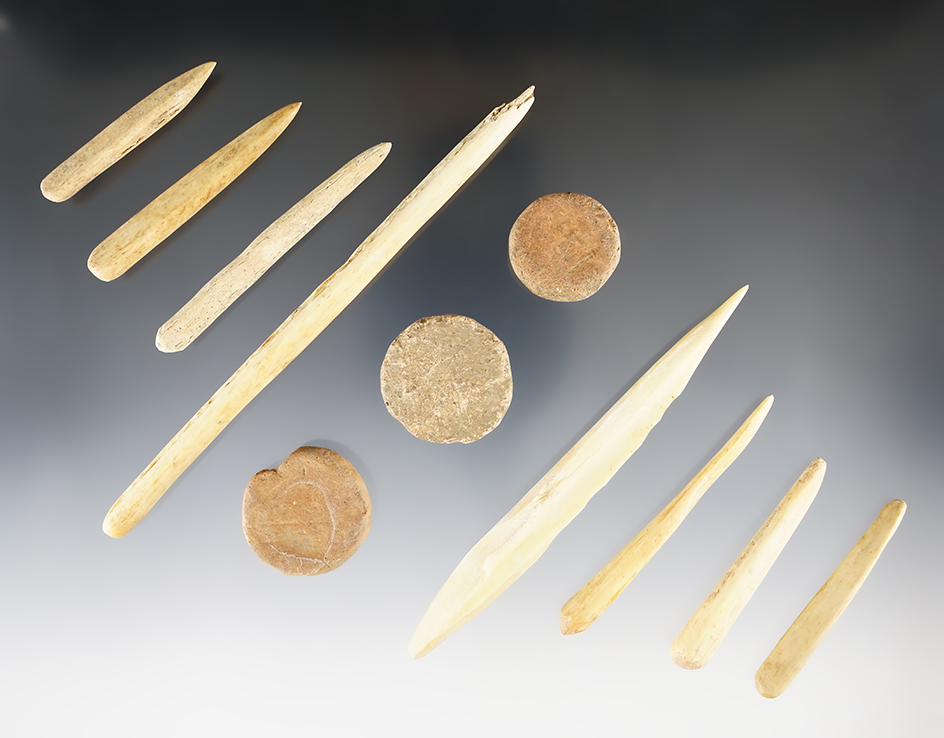 Eight Bone Awls and three clay miniature Ft. Ancient Discs. Found in Southern Ohio.