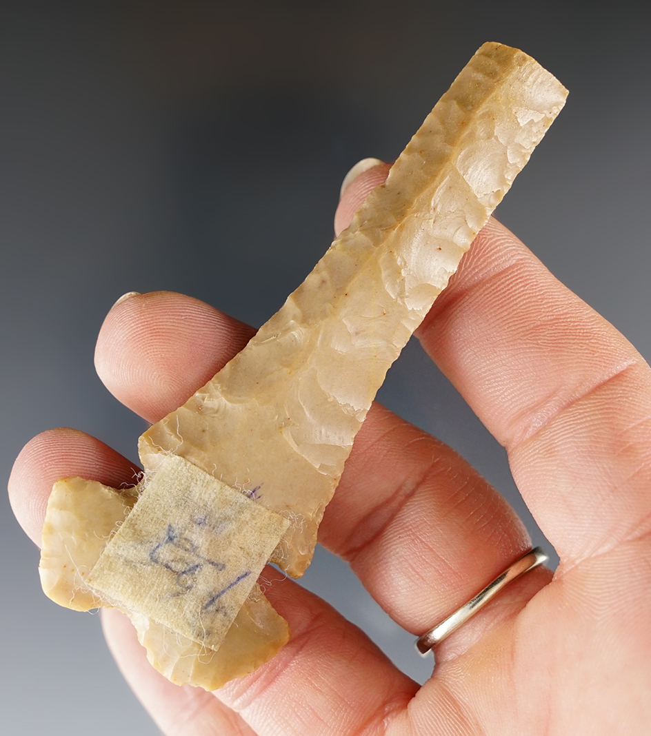 Very restorable 3 5/16" Notch Base Dovetail Drill made from Carter Cave Flint. Superb flaking