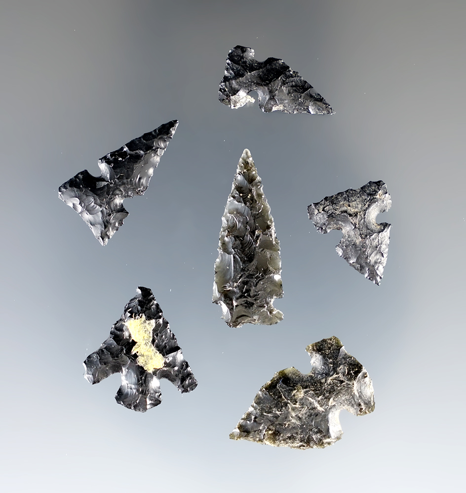 Set of 6 Obsidian points found in Twin Falls, Idaho. The largest is 1".