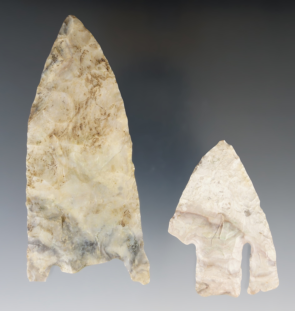 Restorable! Pair of Basal Notch Knives found in the Missouri area. One is a Calf Creek. Largest is 4