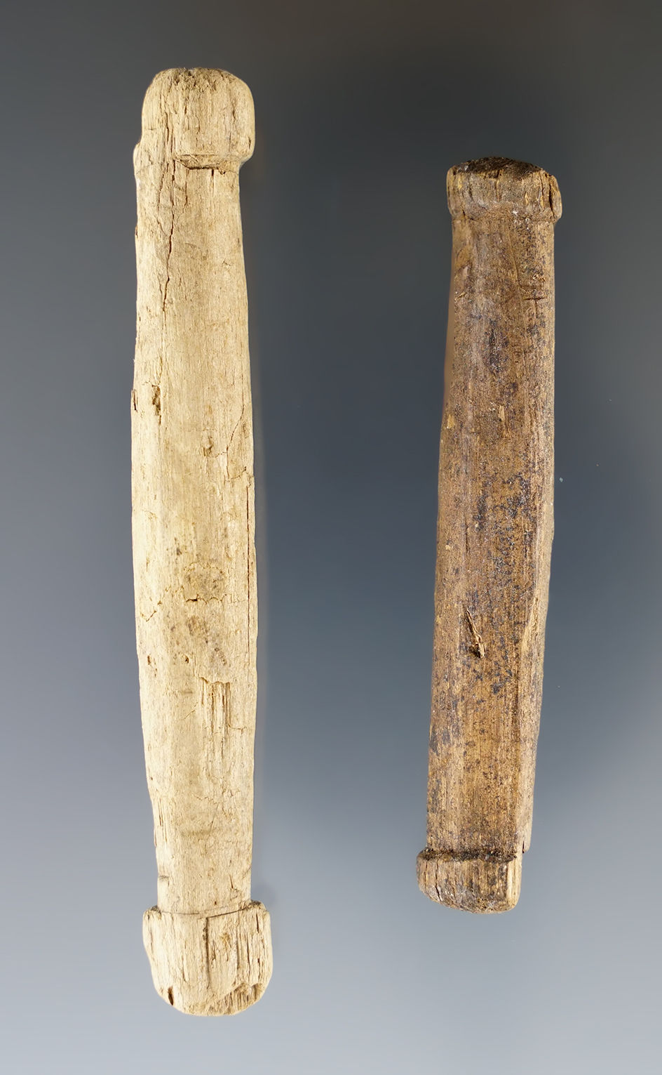 Rare pair of Inuit Childs Drag Handles found in Alaska. Made from wood. The largest is 3 7/16".
