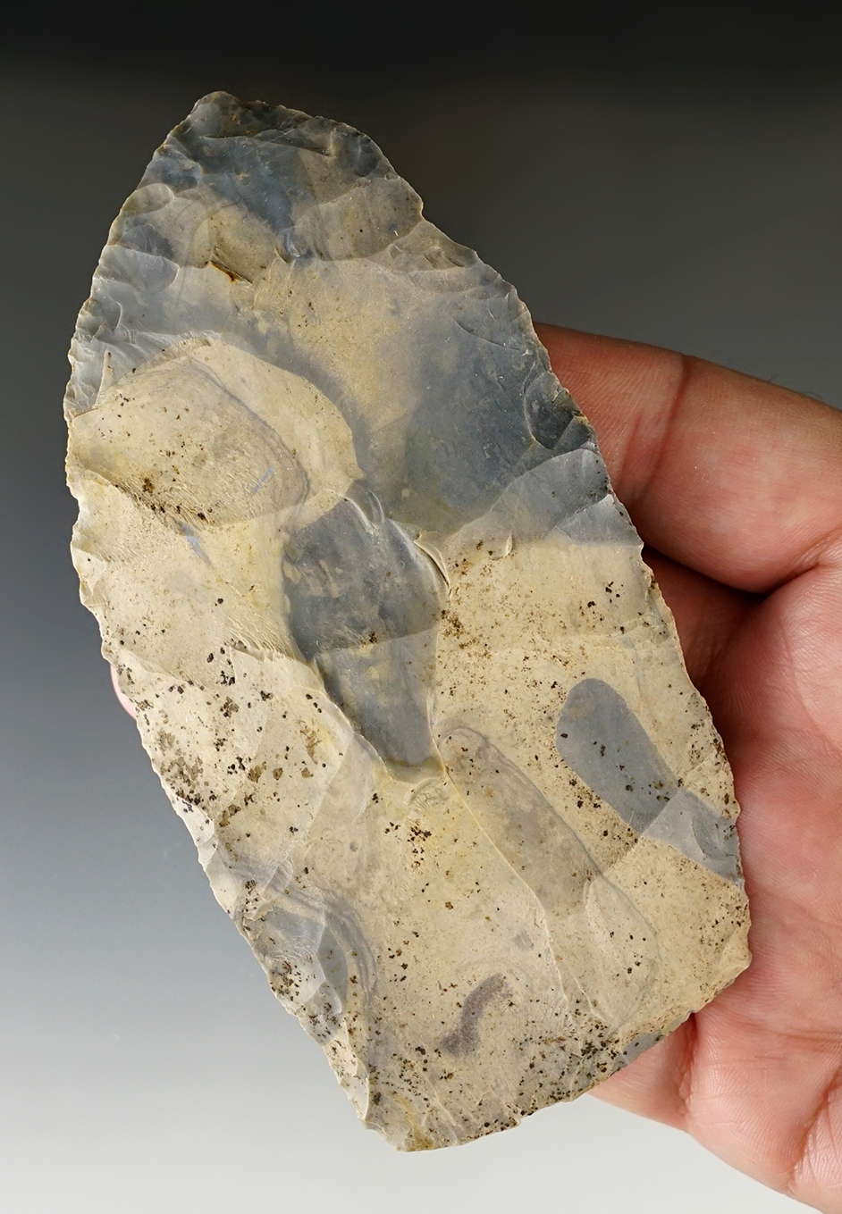 4 15/16" Paleo Blade with heavy mineral deposits on surface found in Missouri.