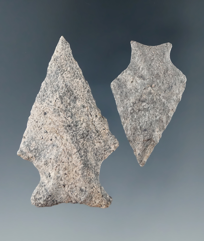 Pair of well styled rhyolite points found in Maryland, largest is 2".
