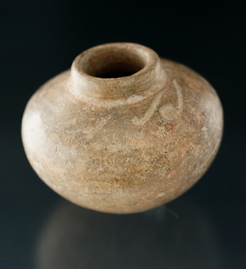 Miniature 2" wide by 1 3/8" tall pottery jar found in Costa Rica and solid condition.
