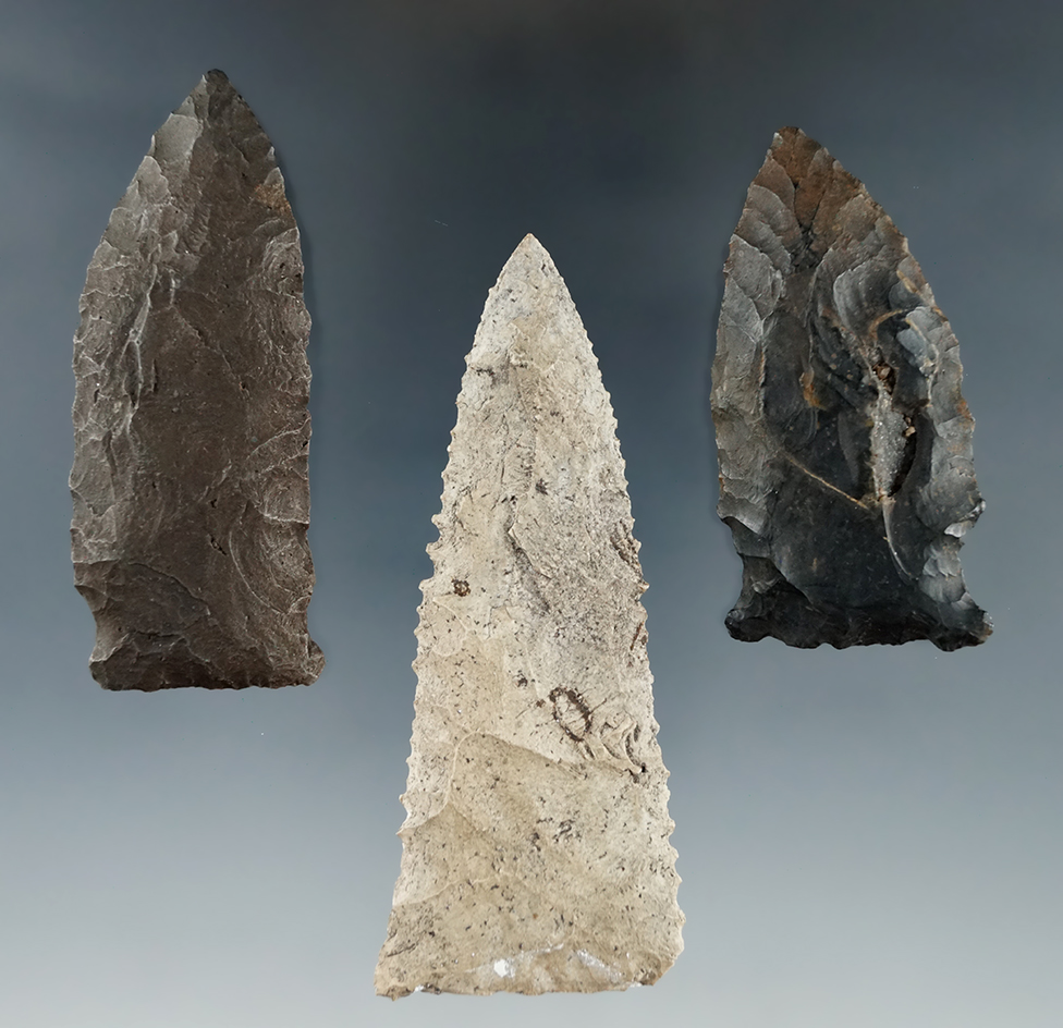 Set of three arrowheads found in North Florida, largest is 3 1/8" and has a broken base.