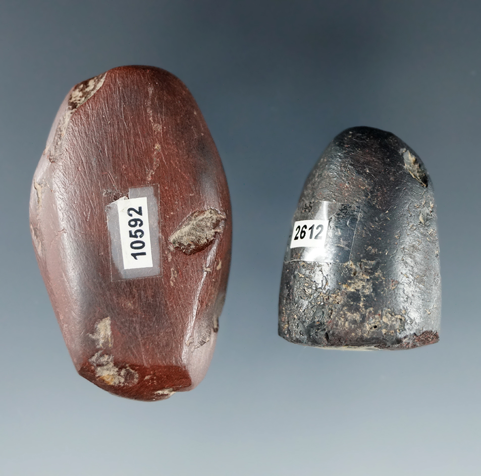 Pair of hematite artifacts found in Ohio including a 1 1/4" cone and a 1 7/8" loafstone.