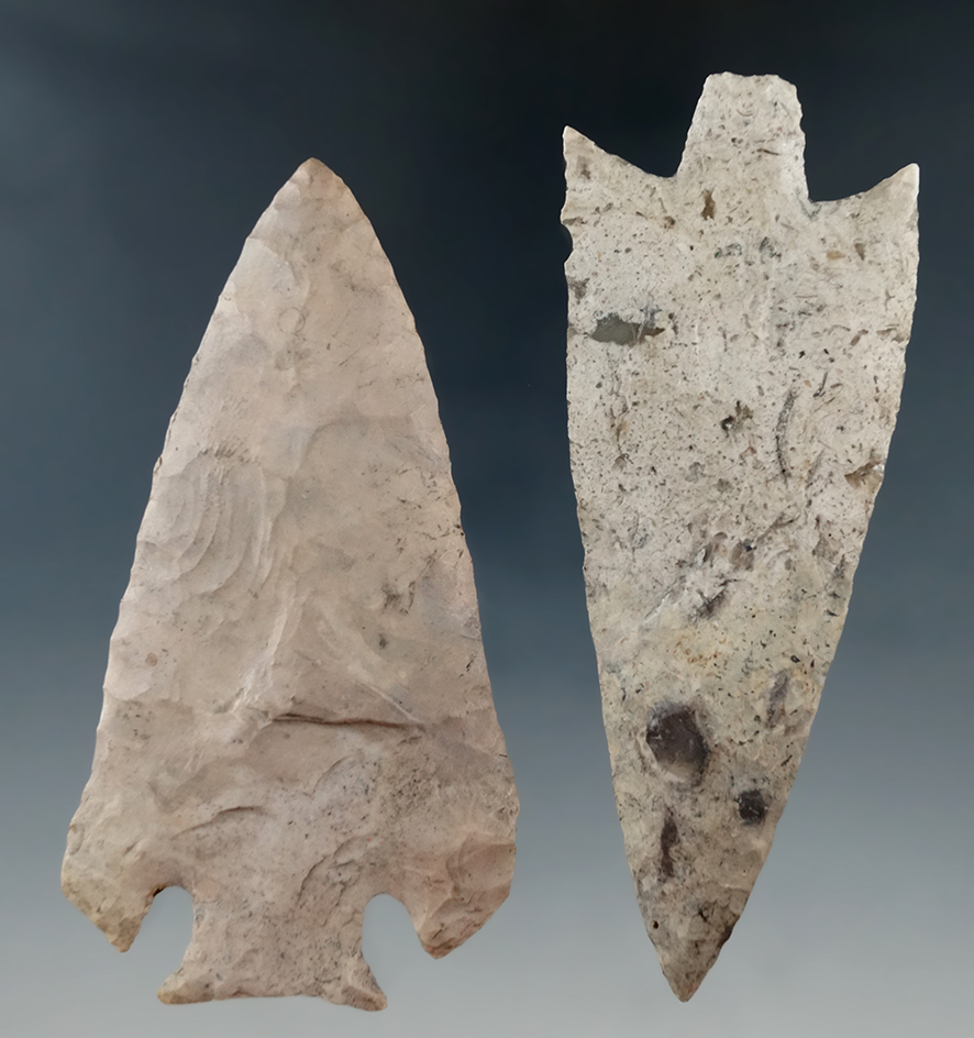 Pair of nicely restored arrowheads, including a 3 9/16" play found in Marion Co., Florida and a 3 7/