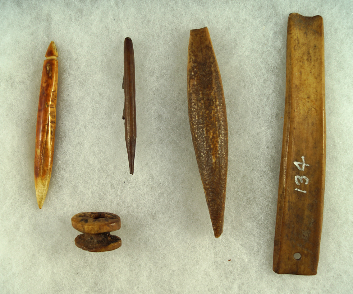 Group of five assorted bone artifacts found in Alaska, largest is 5 1/2". All are in nice condition.