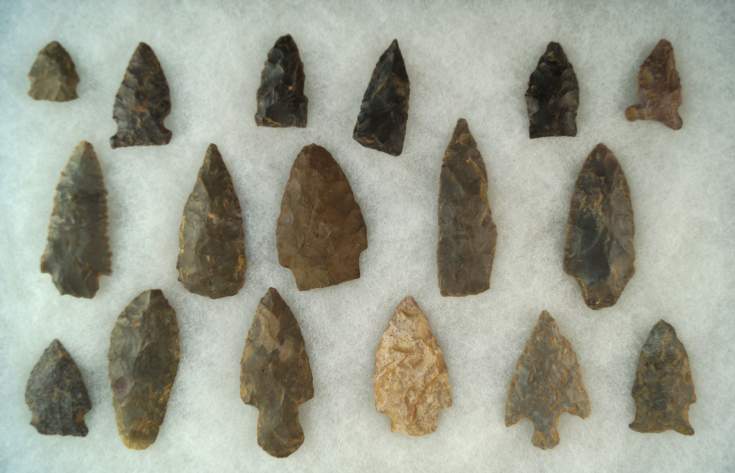17 assorted Arrowheads, largest is 2 5/16"  found near the Cumberland River, Creelsboro, KY.