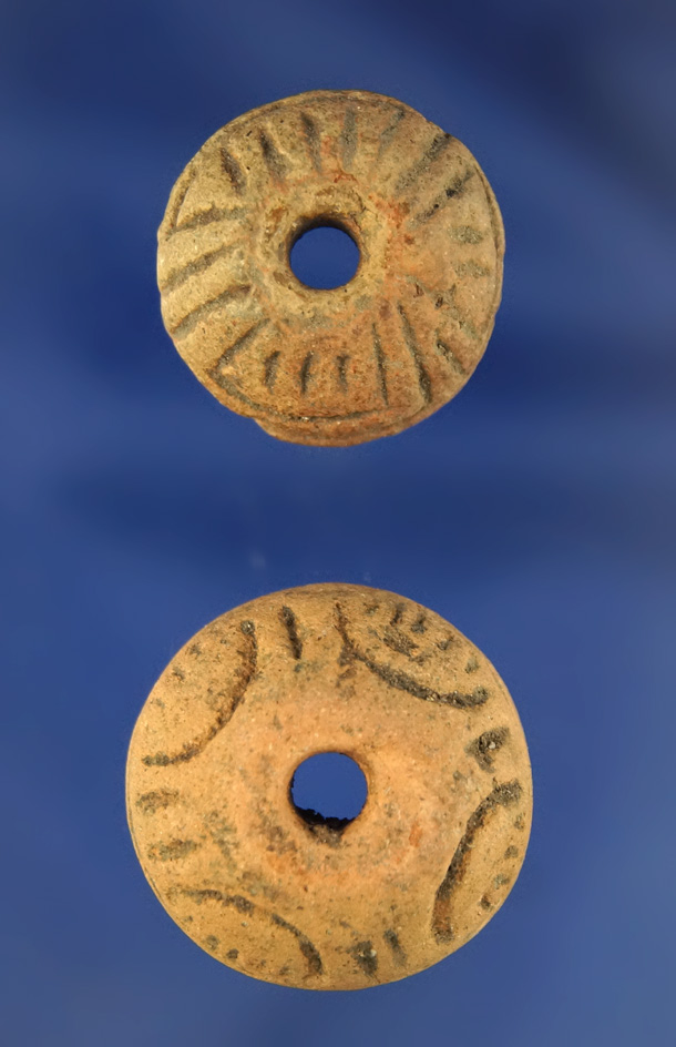 Pair of Pre-Columbian clay beads found in Mexico, largest is 1" diameter.