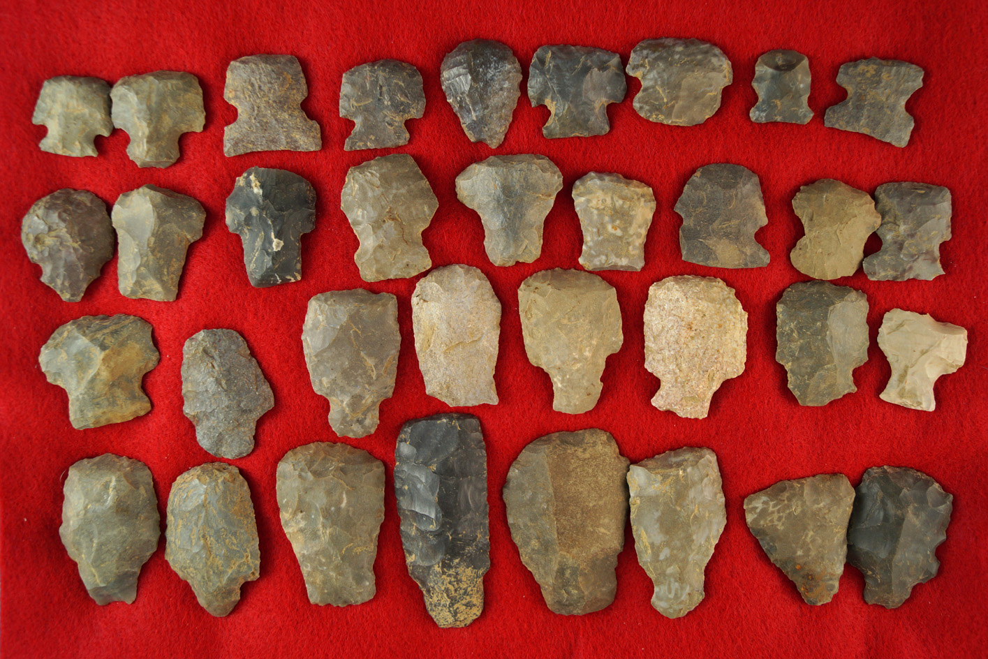 Large group of 34 Hafted Scrapers, largest is 2 5/16"  found near the Cumberland, Creelsboro, KY.