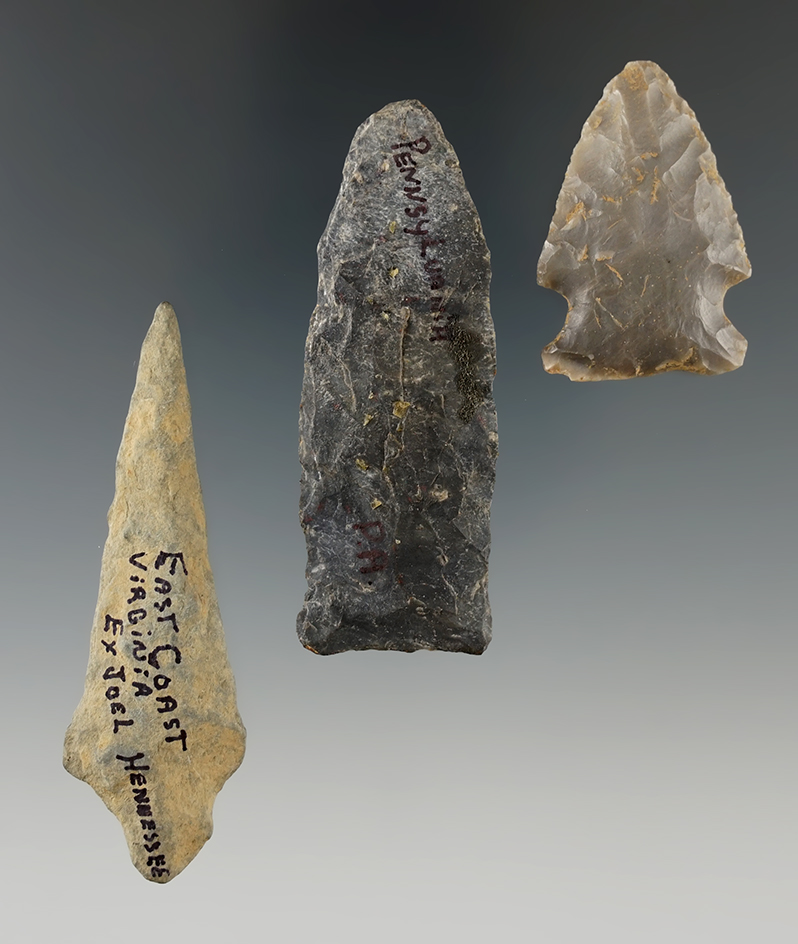 Set of three flaked artifacts found in PA/NC/VA. Largest is 2 9/16".