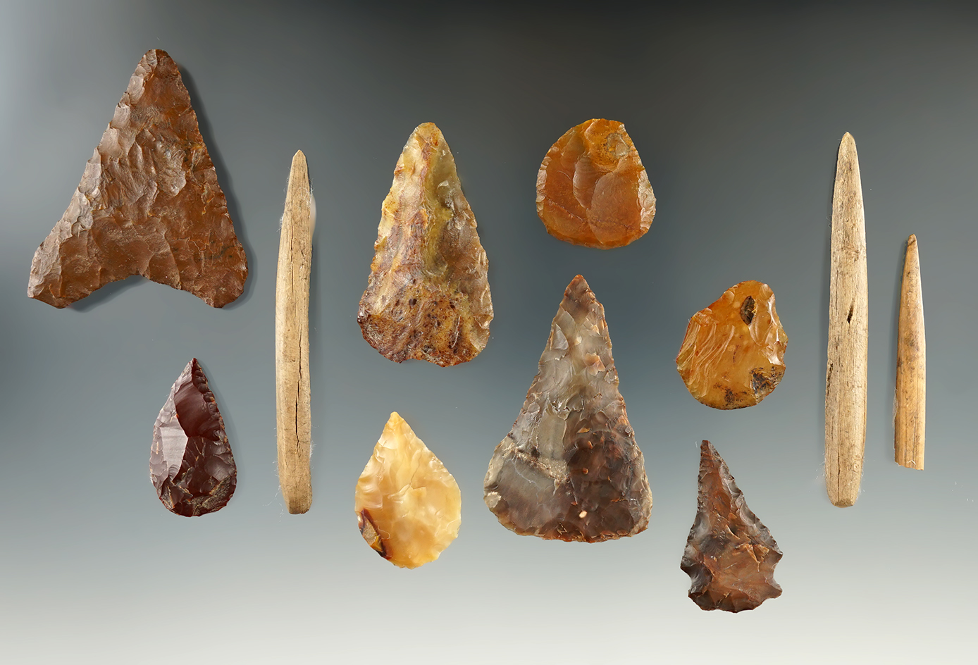 Group of assorted artifacts found at Wallula Gap Pit Houses, Washington.